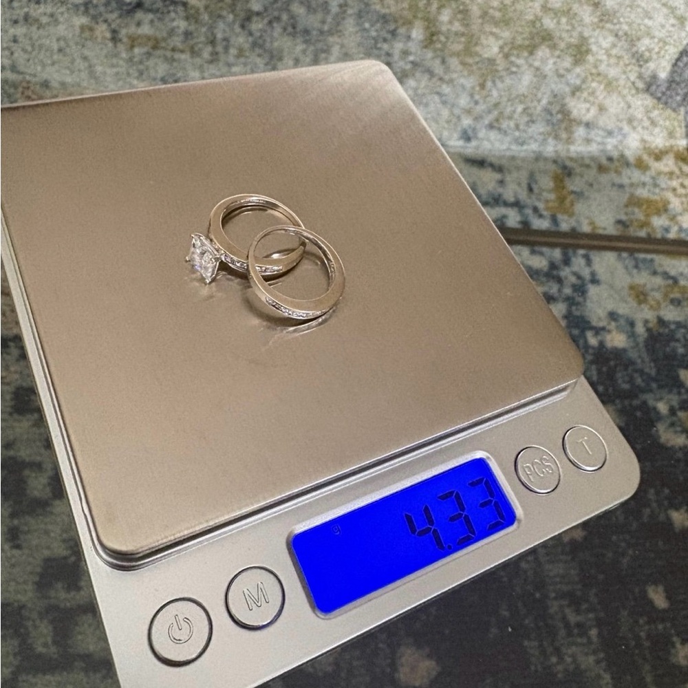 14K White Gold Diamonique Engagement Ring/Wedding Band - Picture 7 of 12